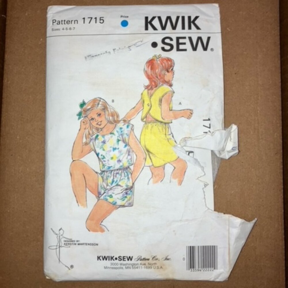 Kwik Sew vintage pattern number 1715 girls tops and shorts sizes 4, 5, 6, 7 ASIS